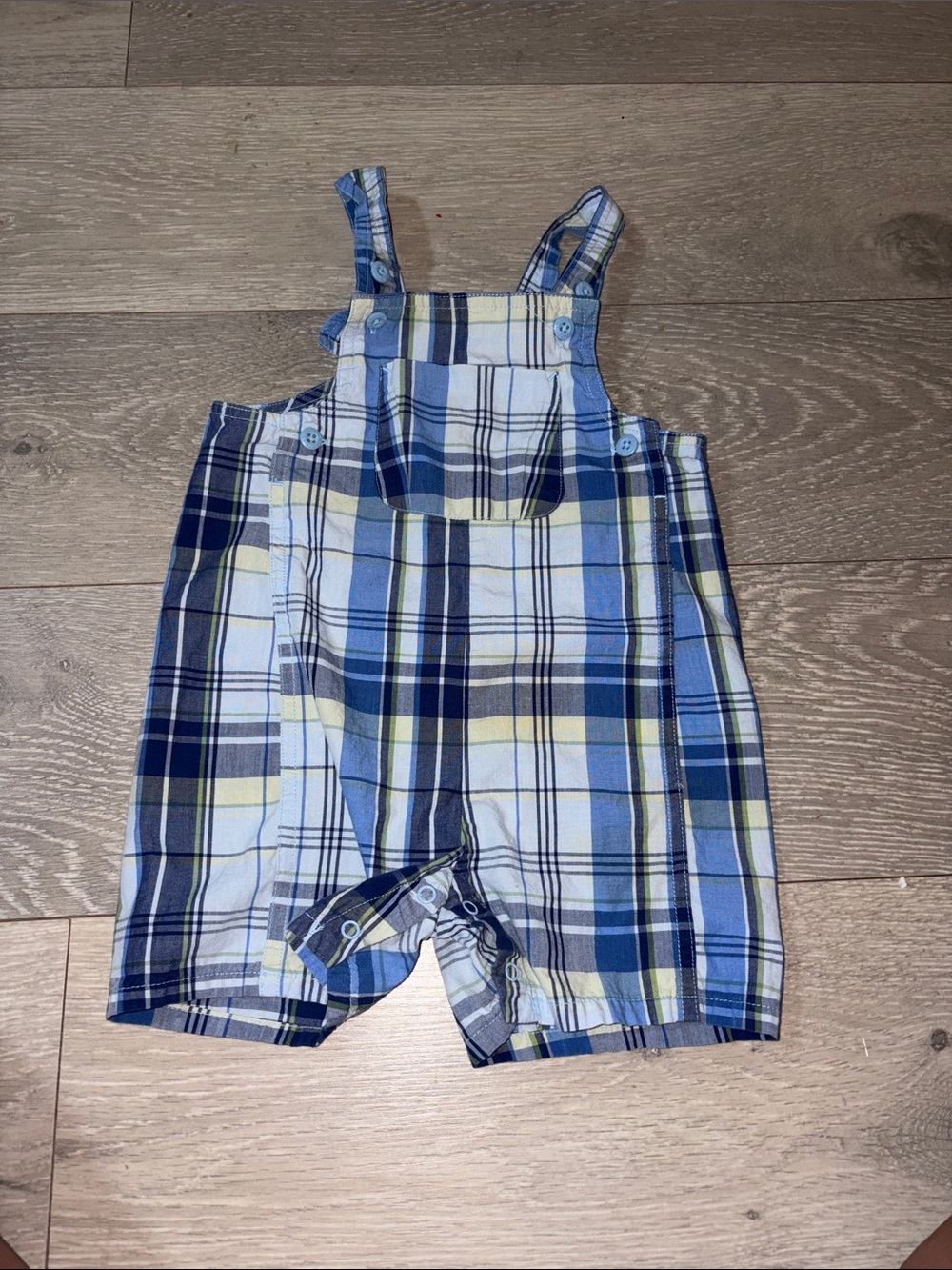 Old Navy Blue Plaid Short Overalls with Yellow Accents